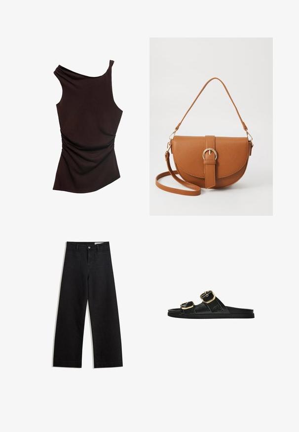 Asimetrična rjava majica z enim ramenom, naborkasta tekstura na eni strani in gladka površina po celotni dolžini. Mehka, elastična tkanina.; Črne široke denim hlače z visokim pasom, ki imajo sprednje in zadnje žepe, šivane šive ter gumbasto zapiranje. Gladka tekstura.; Črne drsne sandale z dvema zlatima zaponkama, gladkega materiala, ravnim podplatom in minimalističnim dizajnom.; Rjava usnjena torbica prek telesa s ukrivljeno obliko, zlate opreme in sponko. Ima odstranljiv naramni trak.