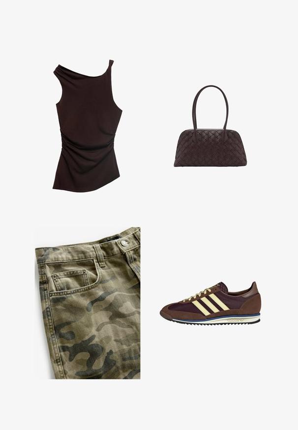 Asymmetrical brown top with one shoulder design, ruched texture on one side, and a smooth finish throughout. Soft, stretch fabric.; Next Denim shorts - camo print; Brown and burgundy sneaker with suede and mesh materials, featuring three cream stripes, textured fabric on the tongue, and a rubber sole.; Woven brown leather handbag with rounded shape, dual top handles, and smooth texture; features subtle stitching for design detail.