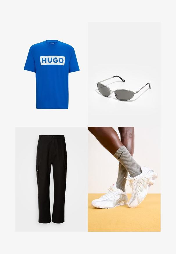 Plava pamučna majica s velikim bijelim pravokutnim grafičkim prikazom na kojem se nalazi natpis "HUGO" u podebljanim plavim slovima. Klasičan okrugli izrez i kratki rukavi.; Crne cargo hlače od pamuka s opuštenim krojem, koje imaju bočne džepove, kopčanje na gumb i ravne nogavice. Jednostavan dizajn bez uzoraka.; Nike tenisice u bijeloj boji sa srebrnim akcentima, s teksturiranim panelima i perforacijama. Kombinirane sivoj rebrastim čarapkama, postavljene na žutoj pozadini.; Naočale s modernim srebrnim metalnim okvirom, sivo zaštićenim lećama i aerodinamičnim dizajnom sa oštrim ivicama i tankim nogicama.