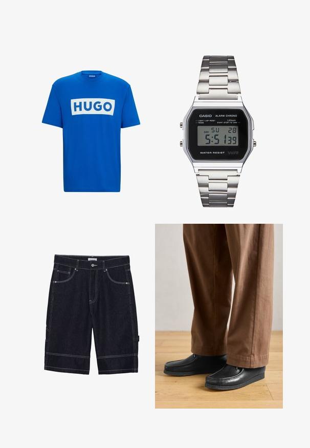 Plava pamučna majica s velikim bijelim pravokutnim grafičkim prikazom na kojem se nalazi natpis "HUGO" u podebljanim plavim slovima. Klasičan okrugli izrez i kratki rukavi.; Tamni traper šorts s kontrastnim šavovima, pet džepova, kopčanjem na dugme i ravnim krojem. Nema vidljivih uzoraka ili tekstura.; Crne kožne cipele s mokasin dizajnom i detaljima šivanja, u kombinaciji s smešnim hlačama, na drvenom podu.; Digitalni Casio sat s crnim licem, srebrnom nehrđajućom čeličnom narukvicom, pravokutnim kućištem i gumbima za svjetlo, resetiranje kruga i podešavanje moda.
