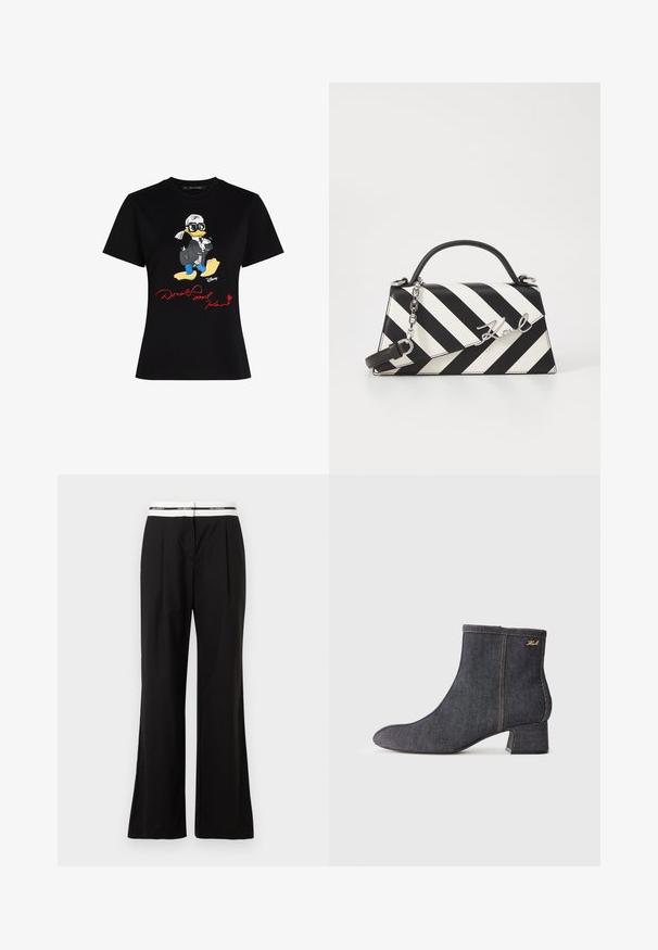 Camiseta de algodón negra con un gráfico de un personaje de dibujos animados colorido y el texto rojo "Donald y Karl" en la parte frontal. Mangas cortas, ajuste clásico.; Pantalones negros de corte relajado, con una cinturilla elástica blanca que lleva marca. Fabricados en un tejido suave con un ligero brillo.; Botín de mezclilla oscura hasta el tobillo con puntera afilada, tacón en bloque, costuras visibles y un sutil logo de la marca en el costado. Textura suave.; Bolso de mano a rayas en blanco y negro con una forma estructurada, que cuenta con un asa superior, una correa de cadena desmontable y un acento de logo metálico.