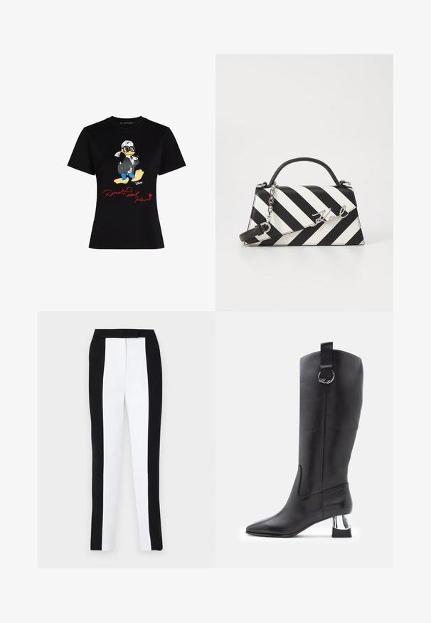 Black cotton t-shirt featuring a colorful cartoon character graphic and red text "Donald and Karl" on the front. Short sleeves, classic fit.; Black and white tapered trousers featuring a slim fit with contrasting panels. Fabric has a smooth texture; waistband is flat and fitted.; Black leather knee-high boot with pointed toe and chrome block heel. Features a strap with a circular hardware accent at the top.; Black and white striped handbag with a structured shape, featuring a top handle, a detachable chain strap, and metallic logo accent.