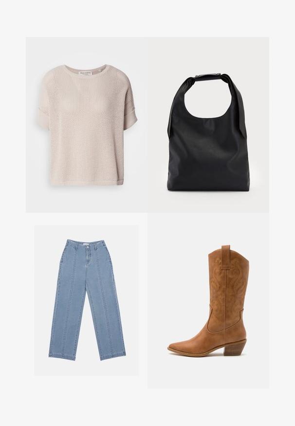 Pull en tricot beige clair à coupe décontractée, col rond et manches courtes retroussées. Présente une texture ajourée et un ourlet côtelé.; Jean large bleu clair en denim. Présente une taille haute, une fermeture à bouton et des coutures visibles. Pas de poches visibles à l'avant.; Bottes de cow-boy en cuir tan avec un bout pointu, des motifs en spirale brodés sur la tige, et un talon bloc empilé. Équipées d'une languette pour un enfilage facile.; Sac hobo en cuir noir avec une seule poignée ronde et douce ; présente une texture lisse et un design minimaliste. Pas de matériel ou d'accents visibles.