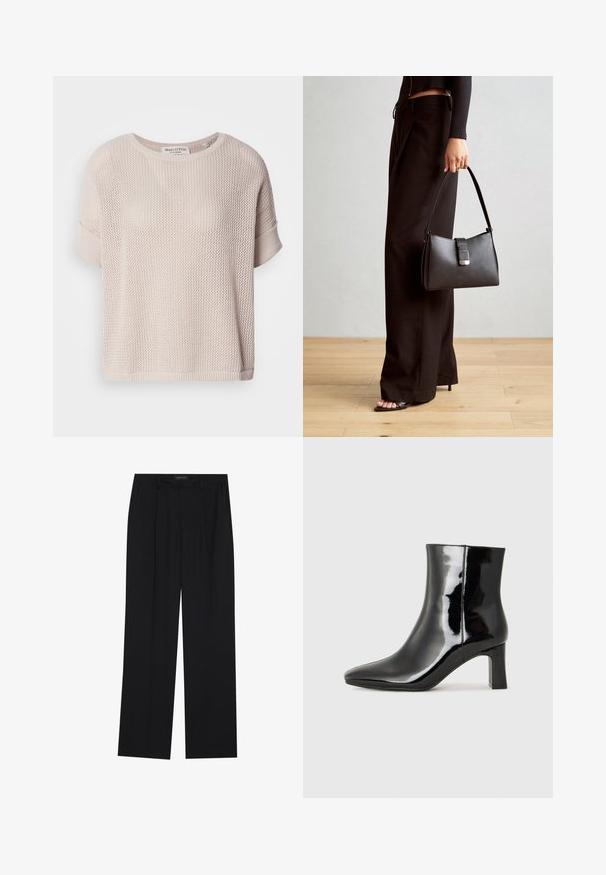 Lichtbeige gebreide trui met een losse pasvorm, ronde halslijn en korte opgerolde mouwen. Heeft een open geweven textuur en een geribde zoom.; Zwarte broeken met een rechte pijpontwerp, voorzien van twee voorkanten zakken en een tailleband. Gemaakt van een gladde, lichte stof.; Zwarte gepolijste leren enkellaars met een spitse neus en een blokhak van gemiddelde hoogte. Glad textuur en minimalistisch ontwerp.; Zwarte handtas met gestructureerde vorm, gladde textuur en een metalen sluiting. Gecombineerd met brede zwarte broeken en sandalen met open teen op een houten vloer.