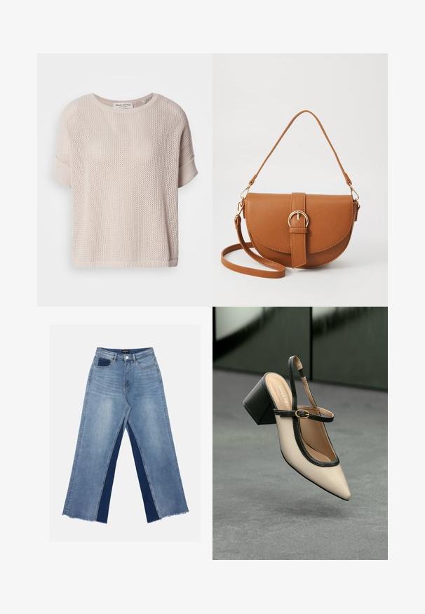 Jasno beżowy sweter dziany o luźnym kroju, okrągłym dekolcie i krótkich, podwiniętych rękawach. Posiada otwartą strukturę plecionki i prążkowany dół.; Jasnoniebieskie spodnie z szerokimi nogawkami z kontrastującymi ciemnoniebieskimi panelami, postrzępionymi końcówkami i standardowym stanem z metalowym zapięciem.; Beżowe buty typu slingback z ostrym noskiem, czarnym wykończeniem, złotą klamrą i grubym obcasem na szarym podłożu z ciemnozielonym tłem.; Brązowa skórzana torba na ramię o zaokrąglonym kształcie, ze złotymi akcentami i zapięciem w formie klamry. Posiada odpinany pasek na ramię.