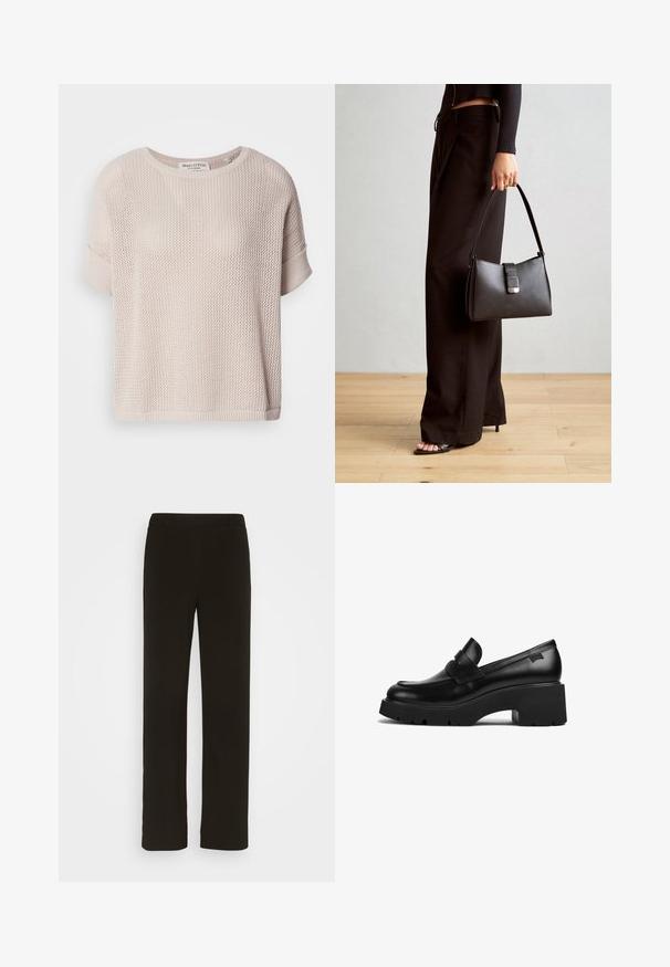 Pull en tricot beige clair à coupe décontractée, col rond et manches courtes retroussées. Présente une texture ajourée et un ourlet côtelé.; Pantalons noirs à jambe droite en tissu tissé, avec une taille plate, deux poches latérales et une texture lisse. Aucuns motifs ni accents visibles.; Mocassin noir en cuir avec un talon épais, une semelle épaisse et un détail en sangle sur le dessus, présenté de côté sur un fond blanc.; Sac à main noir à la forme structurée, texture lisse et fermoir métallique. Associé à un pantalon noir ample et des sandales ouvertes sur un sol en bois.
