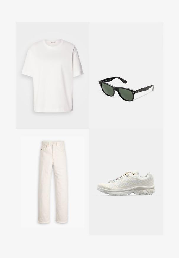 Hvid bomulds t-shirt med korte ærmer, rund halsudskæring, afslappet pasform og glat tekstur; ingen mønstre eller synligt hardware.; Hvide denim jeans med lige ben, fem-lommestil og kobberdetaljer. Rå kantfinish ved anklerne.; Hvid løbesko med en åndbar mesh-overdel, teksturerede detaljer og en polstret sål. Udstyret med et hurtigt-lace system for nemtilpasning.; Sorte plastiksolkaber med grønne linser, firkantede stel, sølvaccent på brynene og teksturerede templede arme. Angivet mærke på den indre arm.