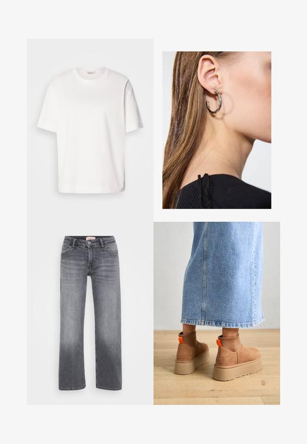 T-shirt bianco in cotone con maniche corte, scollatura rotonda, vestibilità rilassata e texture liscia; senza motivi o hardware visibili.; Jeans in denim grigio con design a gamba dritta, stile a cinque tasche, leggera sbiaditura e chiusura con bottone in vita.; Stivali platform in suede marrone con pannelli laterali elastici e linguette arancioni, abbinati a una gonna di jeans chiara, lunga fino al ginocchio, su un pavimento di legno.; Orecchino a cerchio in argento con finitura lucida, caratterizzato da piccoli dettagli in oro e una forma tondeggiante, indossato sul lobo.