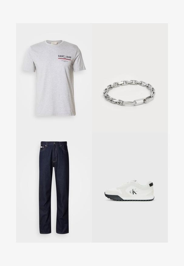 Pelēka kokvilnas t-kreklu ar īsām piedurknēm, apaļu kakla izgriezumu un drukātu tekstu tumši z blue un sarkanā krāsā. Iekļauj logotipu un horizontālas svītras.; Tumši zilie džinsi ar taisnas kājas piegriezumu, ar pogu aizdari, pieciem kabatām un kontrastējošām aizšuvēm.; Calvin Klein balti čības ar melnu zoli, zamša un acu paneļiem, CK logo uz sāniem, kā arī Calvin Klein zīmols uz papēža un zoles.; Sudraba ķēdes rokassprādze ar ovālas un taisnstūra formas posmiem, kuriem ir gluda virsma. Iegravēts Calvin Klein logo plaknajā posmā.
