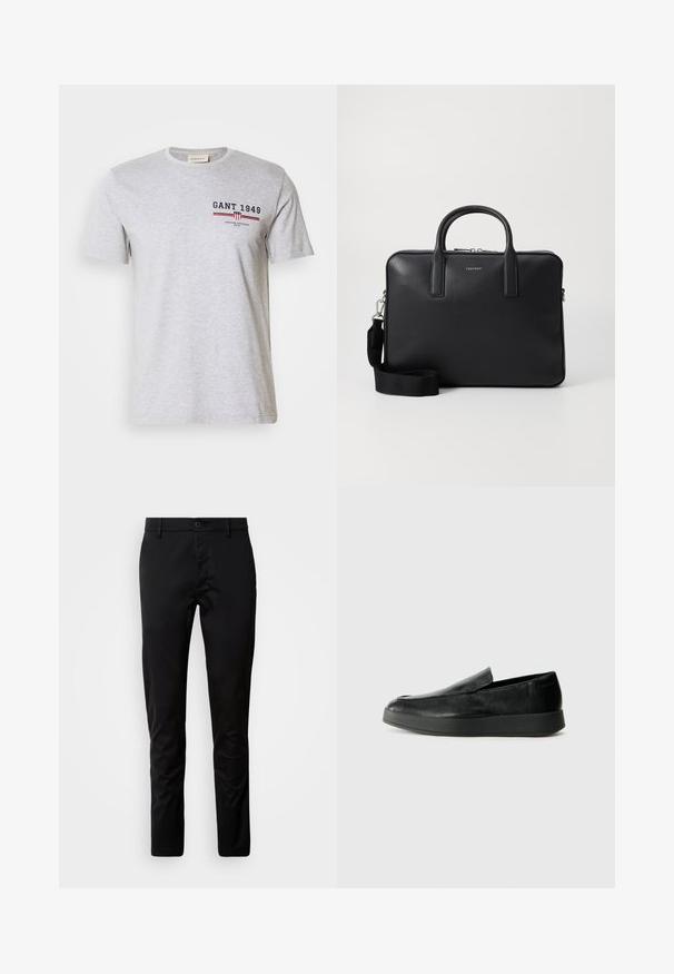 Šedé bavlněné tričko s krátkým rukávem, kulatým výstřihem a potištěným textem v námořnicky modré a červené barvě. Má logo a vodorovné pruhy.; Černé kalhoty slim fit vyrobené z hladké látky. Mají pas s knoflíkovým zapínáním a rovné nohavice.; Calvin Klein HYBRID CUP - Polobotky - triple black; Černý kožený aktovka s strukturovaným povrchem, dvojitými uchy, odnímatelným ramenním popruhem a předním logem. Uzavření na zip.
