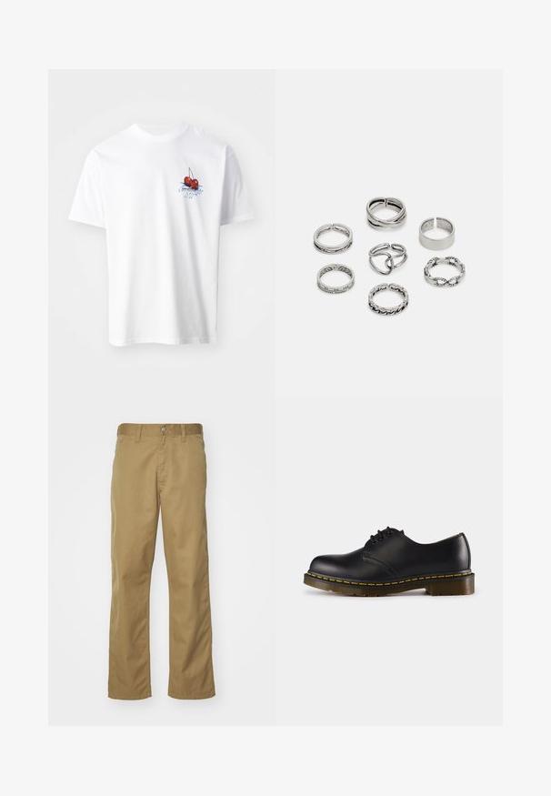Valge puuvillane T-särk, millel on punane kirsi graafika koos roheliste lehtede ja sinise tekstiga vasakul rinnal. Lühikesed varrukad ja ümmargune kaelus.; Khaki chinos sirge säärega, valmistatud siledast puuvillakangast. Omab esipaneeli nupuga sulgemist ja külje taskuid.; Musta nahkne saabas ümarate varvastega, nööridega kinnise disainiga, kollase õmblusega tallal ja paksu, tekstuurse kummist tallaga.; Seitsme hõbesõrmuse komplekt, millel on erinevad kujundid, sealhulgas keerdunud, seotud ja graveeritud mustrid. Erinevad kujundid ja laius.