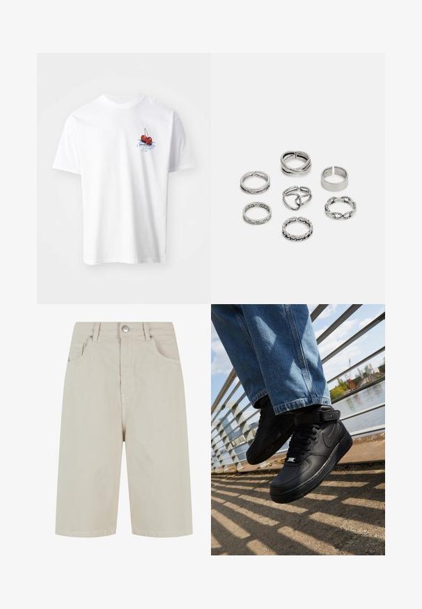 Valge puuvillane T-särk, millel on punane kirsi graafika koos roheliste lehtede ja sinise tekstiga vasakul rinnal. Lühikesed varrukad ja ümmargune kaelus.; Beige denim lühikesed püksid otseküljega, ees nööpkinnitusega ja nelja taskuga. Kangas on sileda tekstuuriga ja minimaalsete õmblustetailidega.; Mustad mustad Nike Air Force 1 sneakerid nahast pealsega, mestist keelaga ja kummist tallaga, millel on kõrge disain ja paksud paelad.; Seitsme hõbesõrmuse komplekt, millel on erinevad kujundid, sealhulgas keerdunud, seotud ja graveeritud mustrid. Erinevad kujundid ja laius.