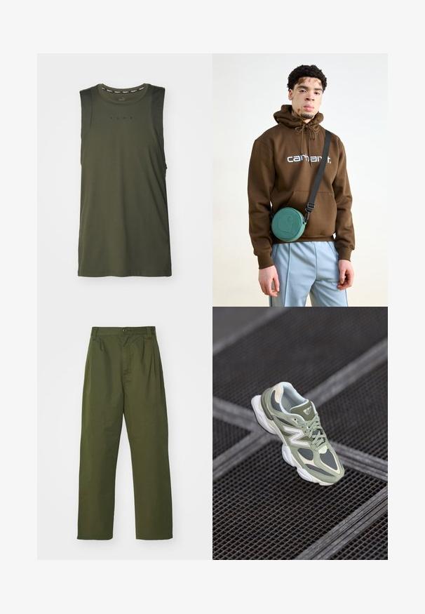 Top sin mangas de color verde oliva, hecho de una tela suave. Presenta un escote redondo con un detalle de logo negro y secciones de malla a los lados.; Pantalones verde oliva de talle alto con diseño de pierna recta. Hechos de una tela ligera, con pliegues frontales y cierre de botón.; Zapatilla de running verde y beige con materiales de malla y sintético, que presenta una forma redondeada, acentos texturizados y un logotipo prominente en el lateral.; Sudadera con capucha marrón y logo blanco, combinada con pantalones azul claro. Una bolsa circular verde cuelga de una correa negra cruzada sobre el cuerpo.