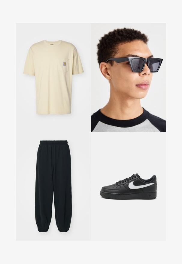 Carhartt WIP POCKET - Basic póló - cornsilk; Fekete, rugalmas derékpántos melegítőnadrág, laza fit, véget érő szárakkal, sima textúrával, látható minták vagy hardver díszek nélkül.; Fekete Nike Air Force 1 tornacipő sima bőrből készült felsőrésszel, fehér logóval, perforált orral és texturált gumitalppal.; Fekete, szögletes napszemüveg sötét lencsékkel, merész geometrikus dizájnnal és matt felülettel. Egy rövid hajú személy viseli.