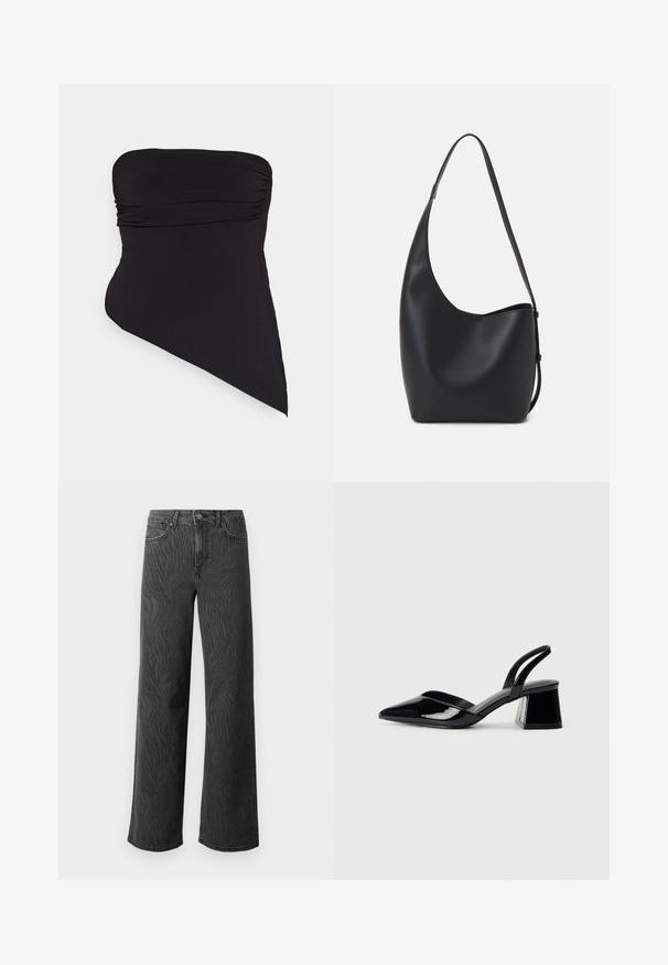 Must värvi ühe õla ujumistrikoo, mis on valmistatud sujuvast ja elastsetest materjalidest. Omab kortsunud detaile ja asümmeetrilist hemliini.; Laial jalgevahega teksad tumedas hallis denimis, millel on peen sablestriibuline tekstuur, kontrastne õmblemine ja viie tasku disain nupuga.; Mustad musta lakknahk kingad, millel on terav varvas ja geomeetriline plokkkonts. Omab elegantselt minimalistlikku disaini ja sujuvat tekstuuri.; Mustast nahast hobo kott, millel on sile tekstuur, kumer kuju ja üks reguleeritav rihm; peal on lai avaus.