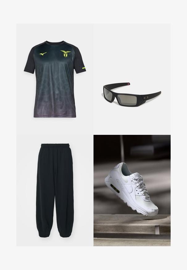 Melna un tumši pelēka īsās piedurknes sporta krekls ar gradienta rakstu un subtīlu tīmekļa dizainu; satur Mizuno logo un Lazio emblēmu dzeltenā krāsā.; Melnas sporta bikses ar elastīgu jostasvietu, brīvu piegriezumu, aprocēm ap potītēm, gludu tekstūru, un bez redzamām rakstu vai aparatūras akcentiem.; Baltas Nike Air Max 90 sporta apavi ar sietu un ādas augšdaļu, caurspīdīgu pirksta daļu un redzamu gaisa vienību papēdī.; Melni saulesbrilles ar matētu apdari, taisnstūra lēcām, nedaudz izliektiem tempļiem, smalkiem logotipa elementiem un dūmu nokrāsas lēcām.