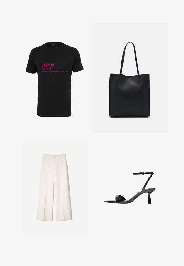 Musta katana t-särk, millel on roosa tekst, mis ütleb "armastus" ja selle ladina keeles määratlemine, paiknedes keskelt ees. Lühikesed varrukad ja ümar kaelus.; Kerman leveletut housut räätälöidyllä designilla, joissa on kaksi etutaskua ja yksi etunapituksilla, valmistettu sileästä kankaasta.; Bershka Korolliset sandaalit - black; Mustapahkainen kangaskassi, jossa on sileä pinta, suorakaiteen muotoinen ja kaksi pitkää kahvaa. Ei näkyvää metalliosaa tai koristeita.