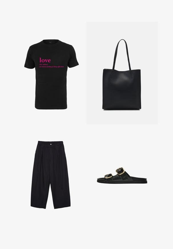 Czarny bawełniany t-shirt z różowym napisem "miłość" oraz jego łacińską definicją, umieszczonym na środku przodu. Krótkie rękawy i okrągły dekolt.; Czarne spodnie culotte z poliestru z elastycznym pasem, dwoma fałdami z przodu i luźnym krojem. Brak widocznych wzorów lub elementów metalowych.; Czarne klapki z dwoma złotymi klamrami, gładki materiał, płaska podeszwa i minimalistyczny design.; Czarna skórzana torba tote o gładkiej fakturze, prostokątnym kształcie i dwóch długich uchwytach. Brak widocznych elementów metalowych i ozdób.