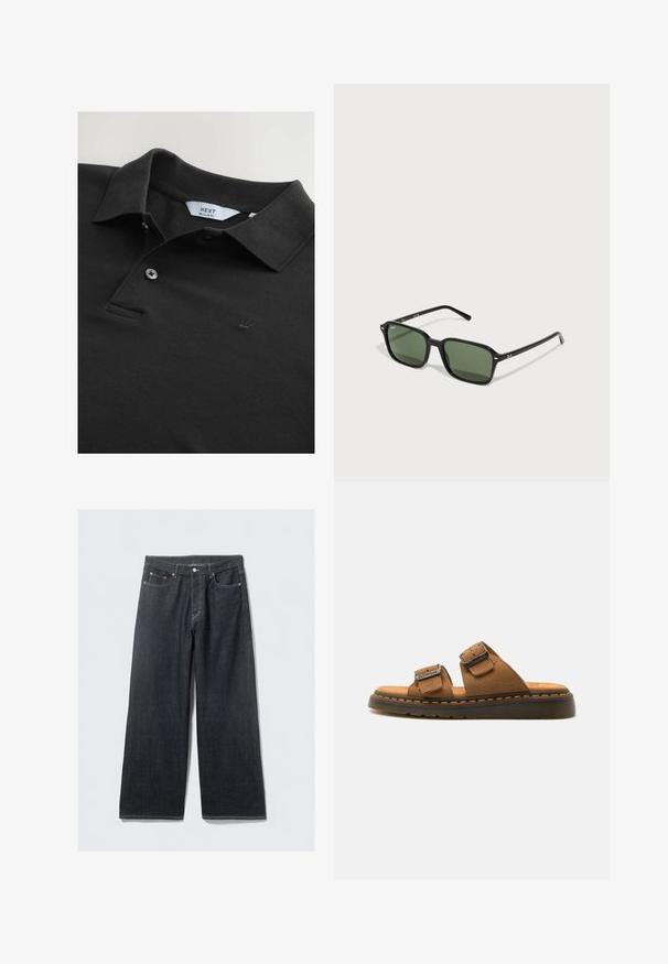 Polo negro de tela texturizada con cuello, dos botones y un pequeño logo de corona bordado en el pecho. Corte regular.; Jeans de mezclilla oscura de pierna ancha con una cinturilla alta, con remaches de tono cobrizo y costuras en contraste, textura suave y sin patrones visibles.; Sandalias de cuero marrón con dos correas ajustables, superficie texturizada, plantilla acolchada y una suela de goma gruesa con detalles en costura naranja.; Gafas de sol rectangulares negras con lentes verdes, con un acabado brillante y patas delgadas. Marcado mínimo en la montura.