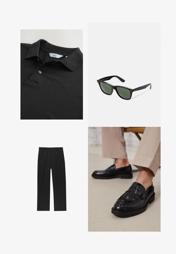 Černé polo tričko vyrobené z strukturované tkaniny, s límečkem, dvěma knoflíky a malou vyšívanou korunkou na hrudi. Standardní střih.; Černé kalhoty s rovnými nohavicemi, vyrobené z hladké tkaniny. Mají přední záhyby a jedno knoflíkové zapínání v pase.; Černé kožené loafers s hladkým povrchem, zdobené páskem a kontrastním prošíváním, spárované s béžovými kalhotami.; Černé plastové sluneční brýle se zelenými skly, čtvercové obroučky, stříbrný detail na obočí a texturované stranice. Značka uvedená na vnitřní straně stranic.