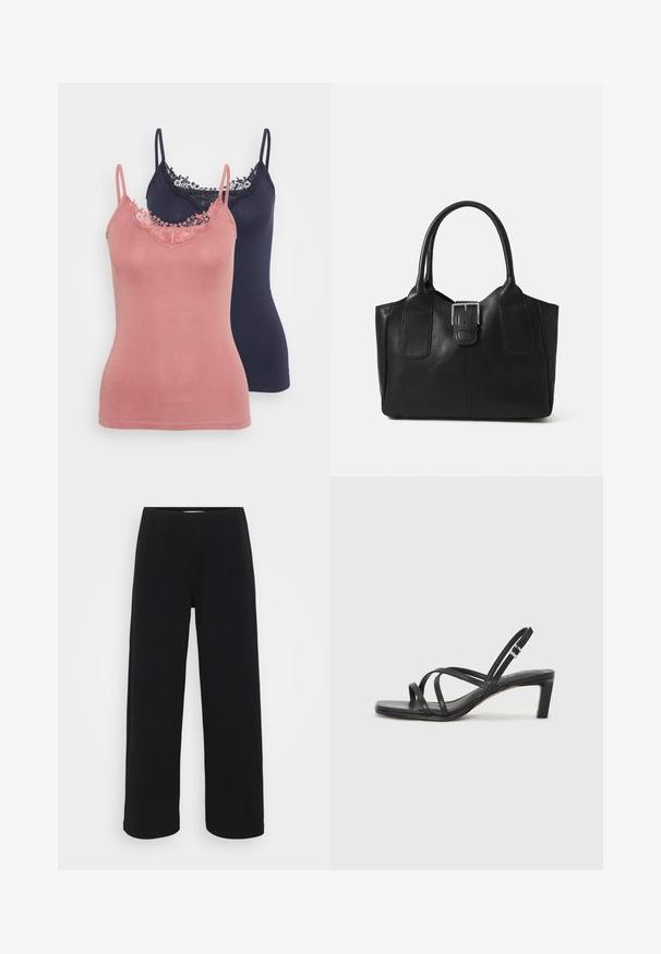 To bher: en myk lyserosa med blondekant og en i marineblå. Begge har tynne stropper og en tettsittende design.; Svart bukser med vid benvidde og elastisk midjebånd. Laget av et strukturert materiale, med en løs passform og rett snitt fra hoftene til sømmen.; Sorte sandaler med stropper, firkantet tå og lav blokk hæl. Har flere tynne stropper og en justerbar ankelstropp. Laget av glatt lær.; Svart skinn toteveske med jevn tekstur, strukturert form, to håndtak og en fremtredende sølvspenne foran.