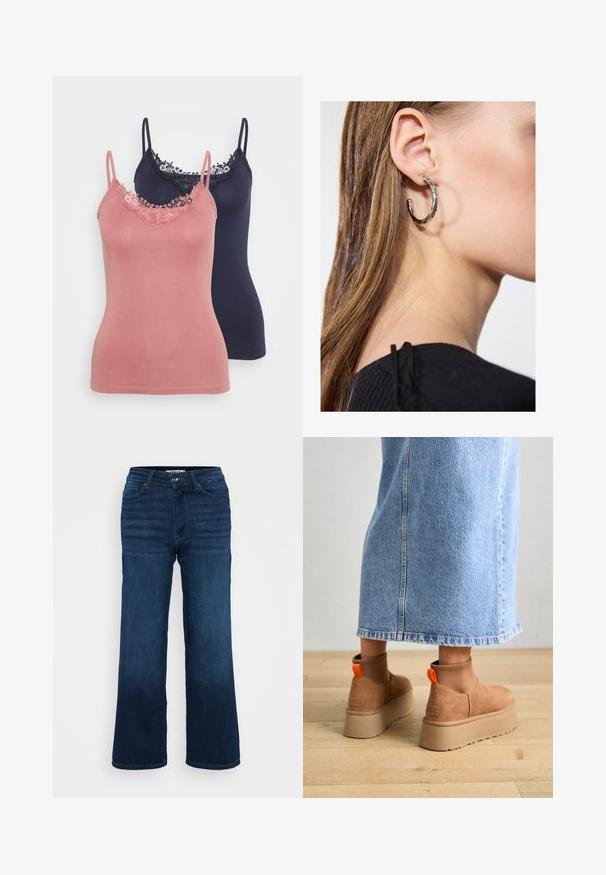 Duos marškinėlių be rankovių: vieni švelnios rožinės spalvos su nėriniu ir antri tamsiai mėlynos. Abu turi plonas petnešas ir prigludusią išvaizdą.; ONLY Petite ONLMADISON BLUSH WIDE - Platėjantys džinsai - dark blue denim; Rudos zomšiniai platforminiai batai su elastingomis šoniniais panirais ir oranžinėmis kilpomis, derinami su kelio ilgio šviesių džinsų sijonu ant medinių grindų.; Sidabrinė lankinė auskarai su poliruotu paviršiumi, turintys mažus auksinius akcentus ir apvalią formą, dėvimi ant ausies kaušelio.