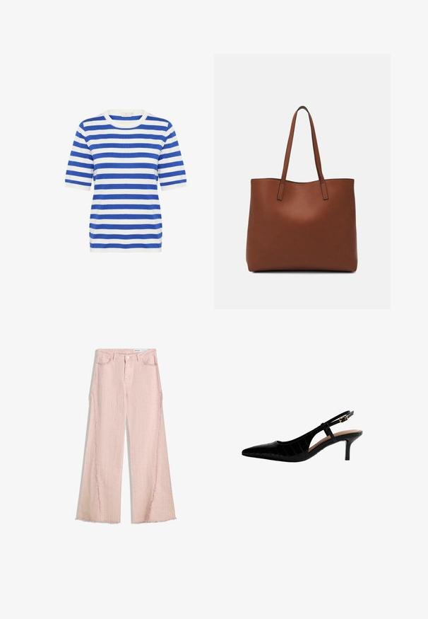 Blau-weiß gestreiftes Kurzarmoberteil. Runder Ausschnitt, weicher Stoff, reguläre Passform, mit abwechselnd breiten und dünnen Streifen.; Hellrosa weit geschnittene Jeans mit strukturierter Oberfläche, fransigem Saum und Fünf-Taschen-Design. Verfügt über einen Knopfverschluss und Gürtelschlaufen.; Schwarzer Slingback-High-Heel-Schuh mit spitzem Fuß, Krokodilstruktur-Muster, dünnem Absatz und einem Schnallenriemen an der Seite.; Braune Leder-Tote mit glatter Textur, offenem Oberteil und zwei Schulterriemen. Verfügt über minimale Nähte und keine sichtbaren Beschläge.