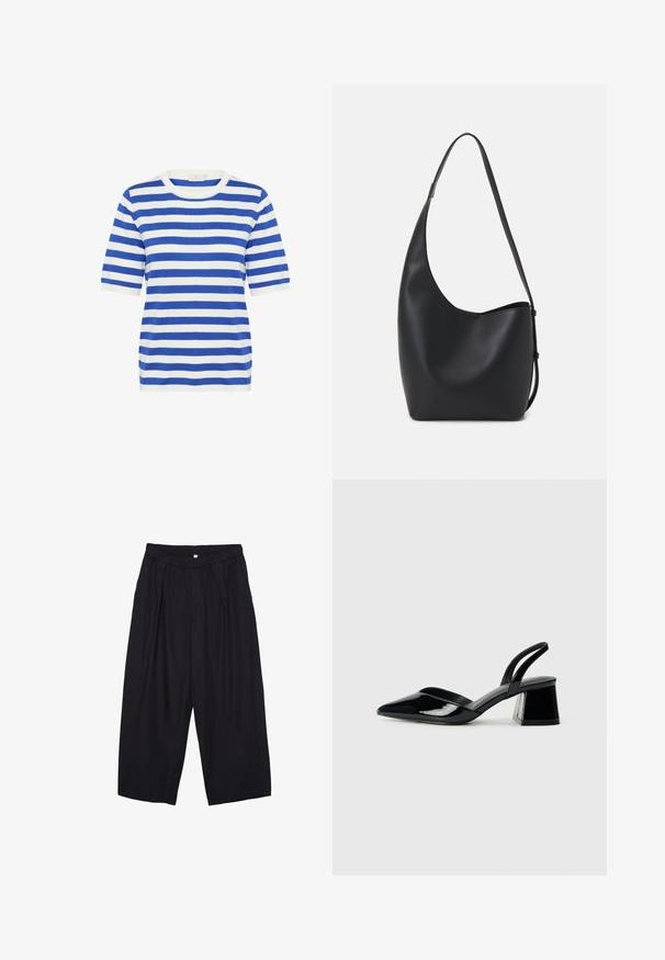 Blau-weiß gestreiftes Kurzarmoberteil. Runder Ausschnitt, weicher Stoff, reguläre Passform, mit abwechselnd breiten und dünnen Streifen.; Schwarze Polyester-Culotte mit einem elastischen Bund, zwei vorderen Falten und einer lockeren Silhouette. Keine sichtbaren Muster oder Hardware-Details.; Schwarze Lackleder-Slingback-High Heels mit spitzem Schuh und einem geometrischen Blockabsatz. Verfügt über ein schlankes, minimalistisches Design und eine glatte Textur.; Schwarze Leder-Hobo-Tasche mit einer glatten Textur, geschwungener Form und einem einzelnen verstellbaren Tragegurt; verfügt über eine weite Öffnung am oberen Ende.