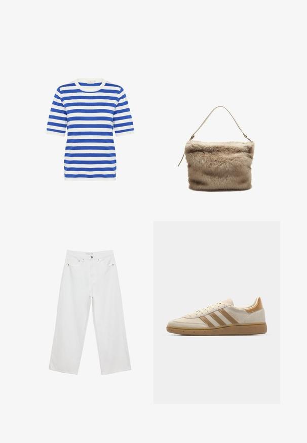 Modra in bela črtasta majica s kratkimi rokavi. Okroglo izrezana, mehka tkanina, običajen kroj, z izmeničnimi debelimi in tankimi črtami.; Bele široke hlače iz denima, visoke pasu, z petimi žepi in kovinskimi dodatki. Gladek tekstur, brez vidnih vzorcev.; Bež semiš športni čevlji s svetlo rjavimi poudarki. Ima tri rjave črte, teksturiran gumijast podplat in zaobljen dizajn prstov.; Džinska torba iz umetnega krzna v svetlo bež barvi z mehkobo in teksturirano površino. Ima en sam tanek trak in pravokotno obliko s puhastim zgornjim robom.