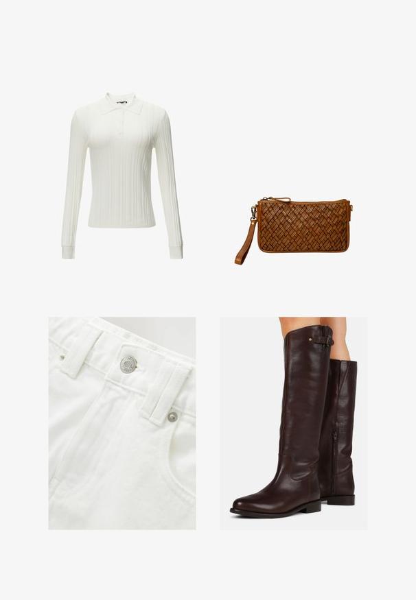 White long-sleeve collared top with a ribbed texture, featuring a button placket and fitted sleeves. Soft, smooth fabric with minimal detailing.; Light pink button-up shirt with long sleeves, a pointed collar, and a small navy logo on the chest. Made of cotton with a smooth texture.; White denim shorts with a structured waistband, silver button detail, and textured fabric. Features front pockets and neat stitching.; Brown leather knee-high boots with a rounded toe, side zipper, and a small buckle detail at the top, featuring a smooth texture.; Brown leather wristlet clutch with woven texture, zipper closure, and detachable strap on a white background.
