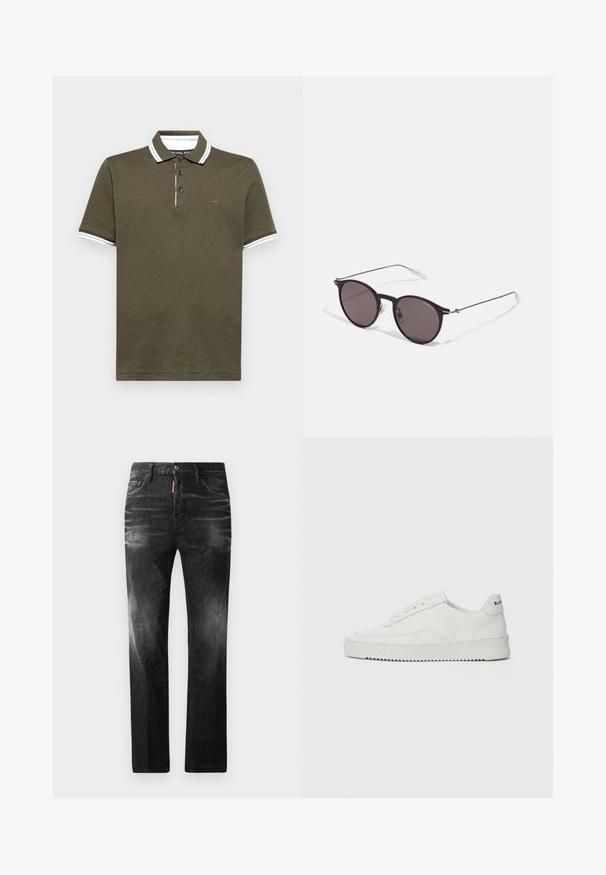 Michael Kors GREENWICH - Polo marškinėliai - ivy heather; Juodi džinsai su tiesiu kirpimu. Spalvoti svyrantys plotai, šiek tiek sugadinti, klasikinis penkių kišenių dizainas ir mygtuko uždarymas.; Balti odiniai sportiniai bateliai su lygia apdaila, apvaliu pirštu, plokščiais raišteliais ir tekstūruotu padu. Pasižymi subtiliu logotipu ant kulno.; Juodos apvalios saulės akinių su tamsiais lęšiais ir plonomis metalinėmis šakomis. Įtraukti skaidrūs šventyklų galai ir sidabriniai akcentai vyrio srityje. Minimalistinis dizainas.