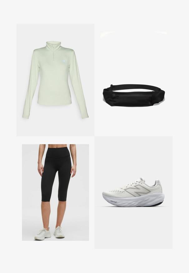 New Balance SPORT ESSENTIALS SPACE DYE QUARTER ZIP - Top s dlouhým rukávem - garter snake; Černé vysoké cyklistické šortky vyrobené z pružného, hladkého materiálu, končící právě pod kolenem, v kombinaci se světlými sportovními botami.; Bílé sportovní boty s síťovaným svrškem, vybavené polstrovaným límcem, texturovanou podrážkou a logem "Fresh Foam" na mezipodešvi.; Černá látková ledvinka s kapsou na zip, nastavitelním popruhem a hladkým povrchem, navržená pro pohodlí a praktičnost.