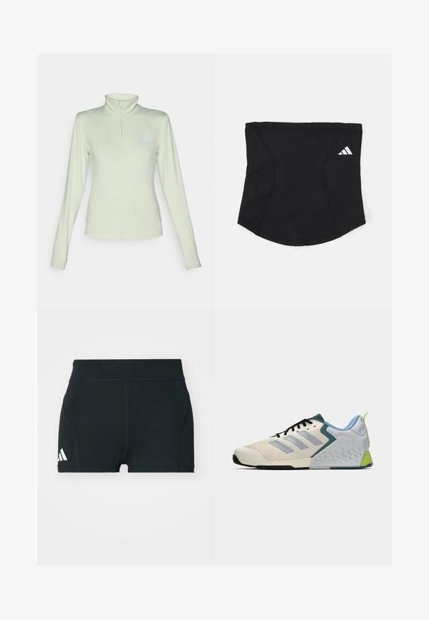 New Balance SPORT ESSENTIALS SPACE DYE QUARTER ZIP - Long sleeved top - garter snake; Black athletic shorts made of stretchy fabric, featuring a high waistband, fitted shape, and white Adidas logo on the left side.; Lightweight athletic shoes featuring a cream mesh upper, grey stripes, a green accent, and a textured blue heel counter. Black laces.; Black athletic headband with a smooth texture, curved shape, and elastic top. Features a small white Adidas logo on the side.