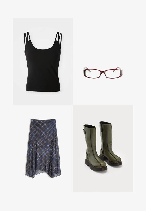 Sort top med scoop halsudskæring, lavet af glat materiale, med tynde dobbelte stropper på hver skulder. Ingen synlige mønstre eller accenter.; Sort ternet nederdel med blå og brune linjer, flydende design, midt-længde, lavet af letvægtsstof med en glat tekstur.; Et par olivengrønne læderstøvler til midten af læggen med sorte tykke såler og orange syninger, som har sidelukninger med lynlås og en remdetalje på den øverste bagside.; Røde rektangulære briller med et sleekt design. Klare linser, let transparente stænger og en gradient-effekt fra rød til grå.