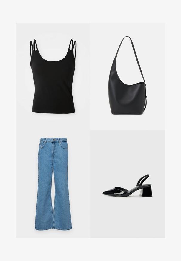 Must äsine, millel on sügav kaelus, on valmistatud siledast materjalist ning sel on õlgadel õhukesed kahekordsed rihmad. Mustrilisi või dekoratiivseid elemnte ei ole.; Heledad sinine flared teksade rõivad, millel on kõrge talje, viis taskut ja üks nupulukk. Pehme tekstuur ja pleekinud viimistlus.; Mustad musta lakknahk kingad, millel on terav varvas ja geomeetriline plokkkonts. Omab elegantselt minimalistlikku disaini ja sujuvat tekstuuri.; Mustast nahast hobo kott, millel on sile tekstuur, kumer kuju ja üks reguleeritav rihm; peal on lai avaus.