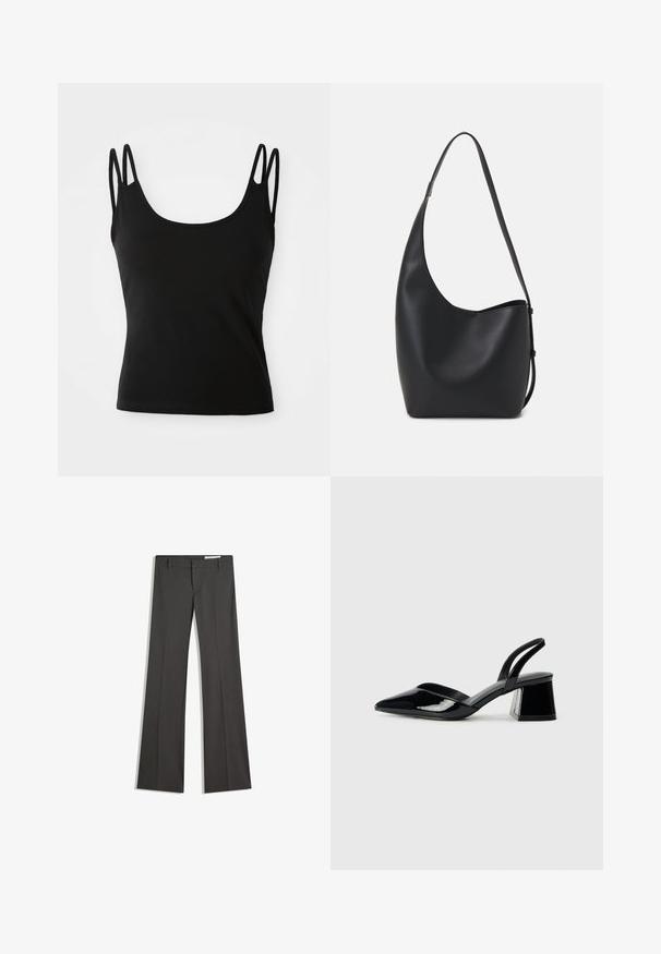 Čierny top na ramienkach s okrúhlym výstrihom, vyrobený z hladkého materiálu, s tenkými dvojitými ramienkami na každom pleci. Žiadne viditeľné vzory ani akcenty.; Sivé rozšírené nohavice z hladkej tkaniny, s plochým predným dielom, pútka na opasok a so strihom s čistými líniami.; Čierne lakované kožené sandálové podpätky s špicatou špičkou a geometrickým blokovým podpätkom. Disponujú elegantným, minimalistickým dizajnom a hladkým povrchom.; Čierna kožená hobo taška so hladkou textúrou, zakriveným tvarom a jedným nastaviteľným popruhom; má široké otvorenie na vrchu.