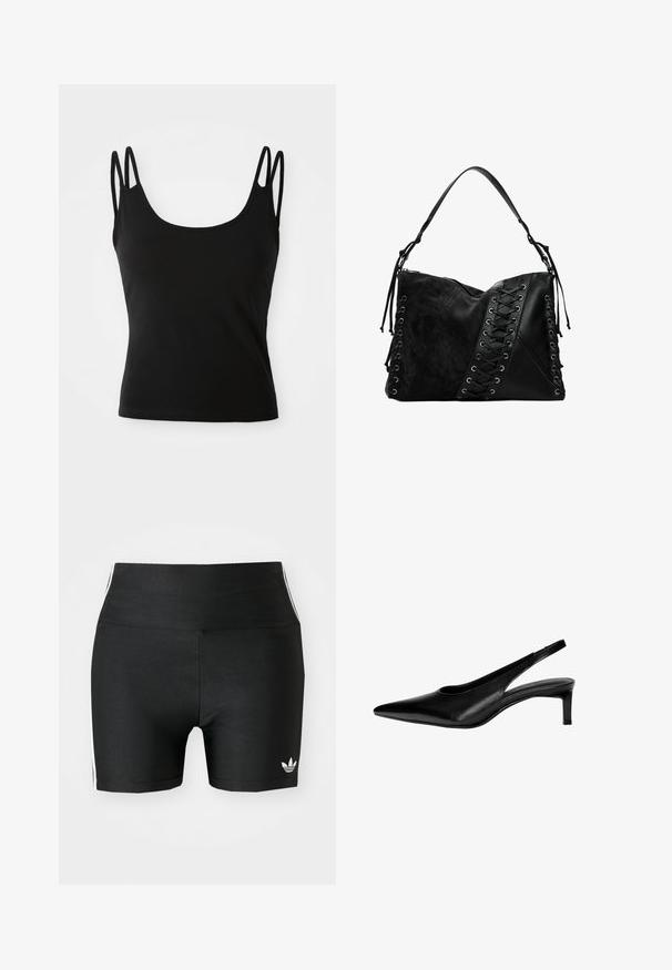 Čierny top na ramienkach s okrúhlym výstrihom, vyrobený z hladkého materiálu, s tenkými dvojitými ramienkami na každom pleci. Žiadne viditeľné vzory ani akcenty.; Čierne športové šortky z elastickej tkaniny s vysokým pásom. Obsahujú biele bočné pruhy a malé biele logo na leme.; Čierna kožená slingback obuv s špicatou špičkou, nízkym podpätkom a vyrezávaným dizajnom po stranách. Hladká textura s elegantným vzhľadom.; Desigual Taška cez plece - black