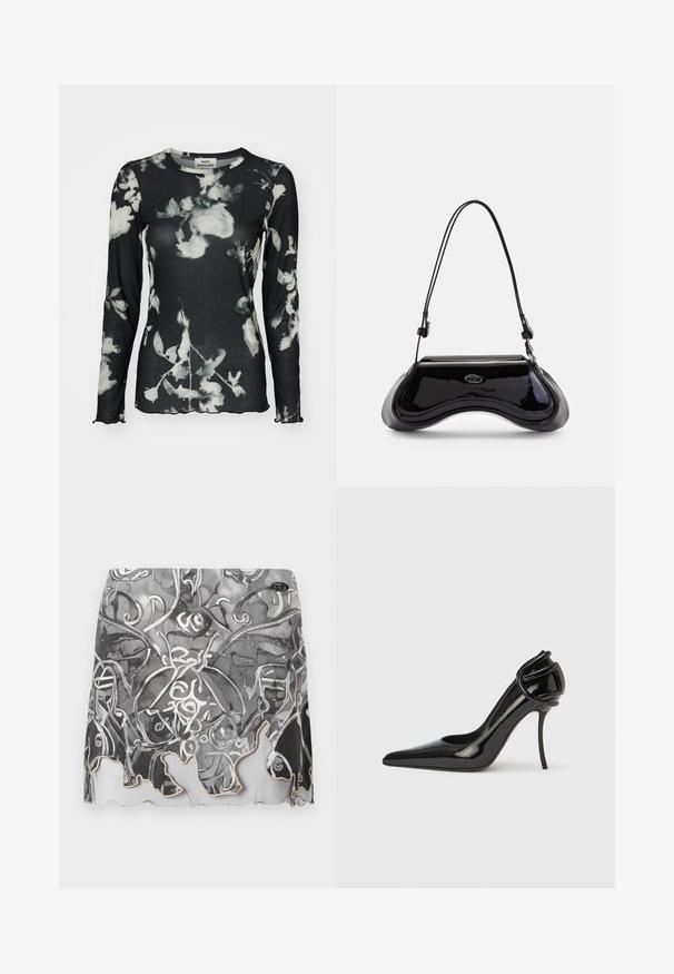 Long-sleeve black top with a ribbed texture, featuring a white floral pattern and scalloped edges. Tag visible at the neck.; Black and white patterned mini skirt featuring abstract designs, a scalloped hem, and a smooth fabric texture with subtle sheen.; Black patent leather high-heeled shoe with a pointed toe and open back. Features a unique curved accent at the heel. Sleek and glossy finish.; Diesel PLAY CROSSBODY - Cross body bag - black