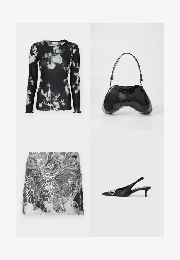 Langärmliges schwarzes Oberteil mit geripptem Textur, featuring ein weißes Blumenmuster und gewellten Kanten. Etikett sichtbar am Hals.; Schwarz-weißer, gemusterter Minirock mit abstrakten Designs, einem gewellten Saum und einer glatten Stoffoberfläche mit dezentem Glanz.; Schwarze Leder-Slingback-Schuhe mit spitzer Zehenform, featuring einem silbernen Logo-Akzent und einem kleinen Absatz. Glatte Textur und minimalistisches Design.; Schwarze Handtasche aus lackiertem Leder mit einer einzigartigen, geschwungenen Form, kurzem verstellbarem Griff und einem Reißverschluss oben. Glatte Textur mit dezentem Branding.