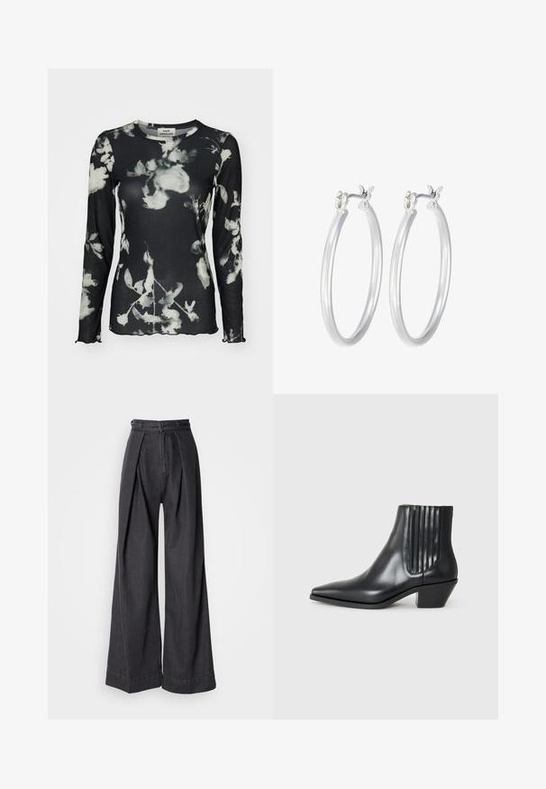 Ilgų rankovių juodas marškinėlis su reljefiniu tekstūru, papuoštas balta gėlių rašto ir banguotais kraštais. Etiketė matoma ant kaklo.; Plati juodų džinsų kelnės su aukštu liemeniu, su priekiniais raukiniais ir klasikiniais užtrauktukais. Tvirtas, lygus audinys su švariu apdaila.; Juodas odinis aukšto bato konstrukcijos batas su smailiu nose, elastingais šoniniais paneleis su vertikaliomis grioveliais ir žemu blokuota pakulne. Lygi tekstūra ir elegantiškas dizainas.; Sidabriniai auskarai su sklandžiu, poliruotu paviršiumi. Apvalios formos ir saugus uždarymo mechanizmas. Lengvas dizainas, tinkantis kasdieniam dėvėjimui.