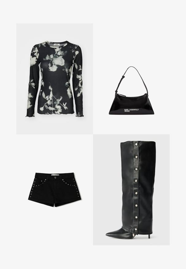 Pitkähihainen musta paita, jossa on ribbitoitu pinta, valkoisella kukkakuviolla ja kauniisti muotoilluilla reunoilla. Tagi näkyvissä kauluksessa.; Musta farkkushortsit nappikiinnityksellä, joissa on niittikoristeet etutaskuissa ja sivusaumoissa. Lyhyt pituus ja klassinen malli.; Mustat nahkasaappaat, joissa on korkea korko, tiukka muotoilu, teräväkkäinen varvas ja hopeiset nappikiinnitykset sivuilla.; Mustan kiiltävän nahkan käsilaukku kolmion muotoisena, varustettuna ylhäältä avattavalla vetoketjulla ja säädettävällä hihnalla. "KARL LAGERFELD JEANS" -logo hopeisena.