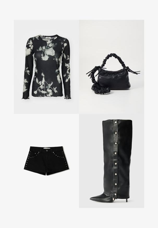 Dolga črna majica z rebrastim videzom, okrašena z belim cvetličnim vzorcem in keramičnimi robovi. Oznaka vidna na vratu.; Črne kavbojke kratke hlače z gumbom za zapiranje, z okrasnimi studenkami ob sprednjih žepih in stranskih šivih. Kratka dolžina in klasičen kroj.; Črne usnjene visoke čevlje z visoko peto, ki se prilegajo, s koničastim nosom in srebrnimi gumbi ob strani.; Črna torbica iz umetnega usnja s krokodilovo teksturo, z zvitim vrhom in zmečkano naramico. Zdi se mehka in kompaktna v oblikovanju.
