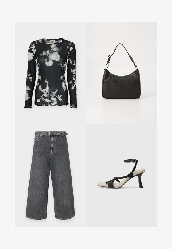 Camisola de manga longa preta com textura canelada, apresentando um padrão floral branco e bordas encurvadas. Etiqueta visível no pescoço.; Jeans de perna larga em denim cinza escuro. Cintura alta com fecho de botão e zíper, bainhas acabadas e um leve desbotado.; Sandal com salto alto preto e design de tiras trançadas, bico quadrado e tira de tornozelo ajustável. Sola em tom bege claro com um salto preto brilhante.; Mala de mão em couro preto com formato curvo, uma alça, fecho em zip e uma marcação discreta na frente. Textura suave, design minimalista.