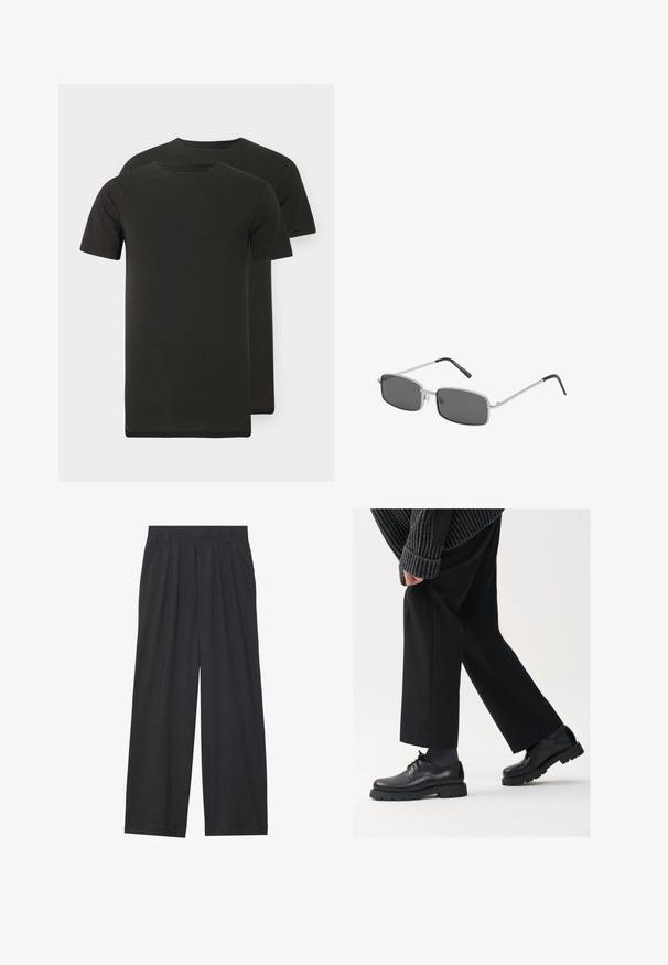 Två svarta crew-neck-t-shirts i mjukt tyg. Korta ärmar, rak nederkant och utan synliga mönster eller tryck.; Svart långärmad skjorta i linne, med knäppning fram, spetsig krage och manschetter med knappstängning. Slät textur.; Vidbyxorna är tillverkade av mörkgrått tyg. De har veck i midjan, en skräddarsydd design och en rak silhuett.; Svarta läderskor med rund tå, snörningsdesign och tjock, strukturerad sula. Bärs med skräddarsydda svarta byxor och en ribbad tröja.; Rektangulära solglasögon med mörkgrå linser, tunn silverfärgad metallram och svarta gummibelagda skalmar. Minimalistisk design.; Svart läderarmbandsur med ett runt silverfärgat hölje, grå urtavla, vita romerska siffror och datavisning för onsdag.; Silvrig halsband med en rektangulär hängsmycke med intrikat mönster, en fin kedja och en justerbar låsning för längdjustering.