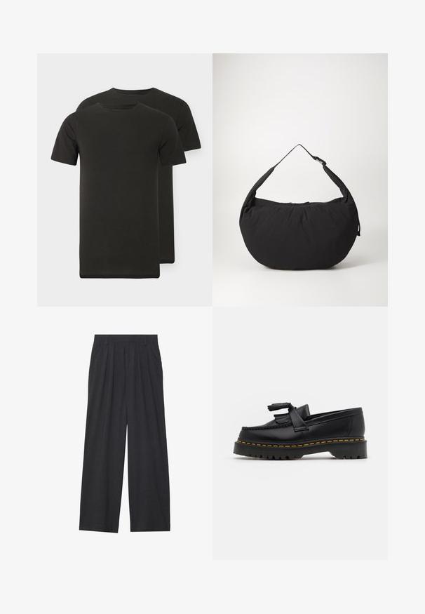 Dve črni majici z okrolim izrezom iz mehke tkanine. Kratki rokavi, raven rob in brez vidnih vzorcev ali grafike.; Široke hlače iz temno sive tkanine. Imajo nabore na pasu, prilagojen dizajn in ravno silhueto.; Črne usnjene loafersice s kaširanim naglasom, z debelim črnim podplatom in rumenim šivom ob robu. Teksturirana površina.; Črna platnena torba za ramo s ukrivljeno obliko, opremljena z enim trakom in zadrgo. Mehak material, minimalističen dizajn.