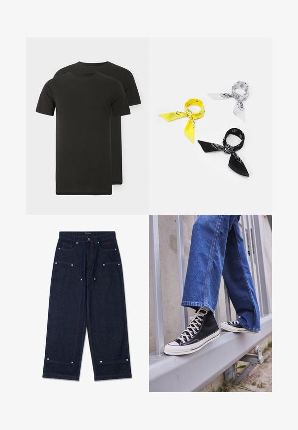 Two black crew-neck t-shirts made of soft fabric. Short sleeves, straight hemline, and no visible patterns or graphics.; Dark denim wide-leg pants with two front pockets, silver hardware details, and contrasting red stitching. Features a button closure and brand logo.; Black high-top sneakers with white sole and laces, paired with loose blue denim jeans, resting on a gray railing.; Three bandanas: one yellow with black patterns, one white with black designs, and one black with white graphics. All are square, lightweight fabric.