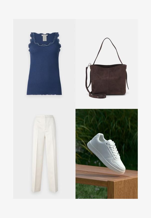 Camisola de alças em azul marinho com textura canelada, com renda ao longo da linha do decote e das cavas, apresentando uma bainha assimétrica e um design ajustado.; Calças creme com um corte ajustado, apresentando perna reta, tecido suave, pregas frontais e barra limpa. Design minimalista.; Sapatilha branca com um cabedal sintético liso, caixa dos dedos perfurada, atacadores planos e uma sola texturizada, exposta sobre uma superfície de madeira.; Saco tote em camurça castanha com uma textura suave, apresentando uma única alça de ombro e uma abertura superior levemente curvada. Sem detalhes de hardware visíveis.
