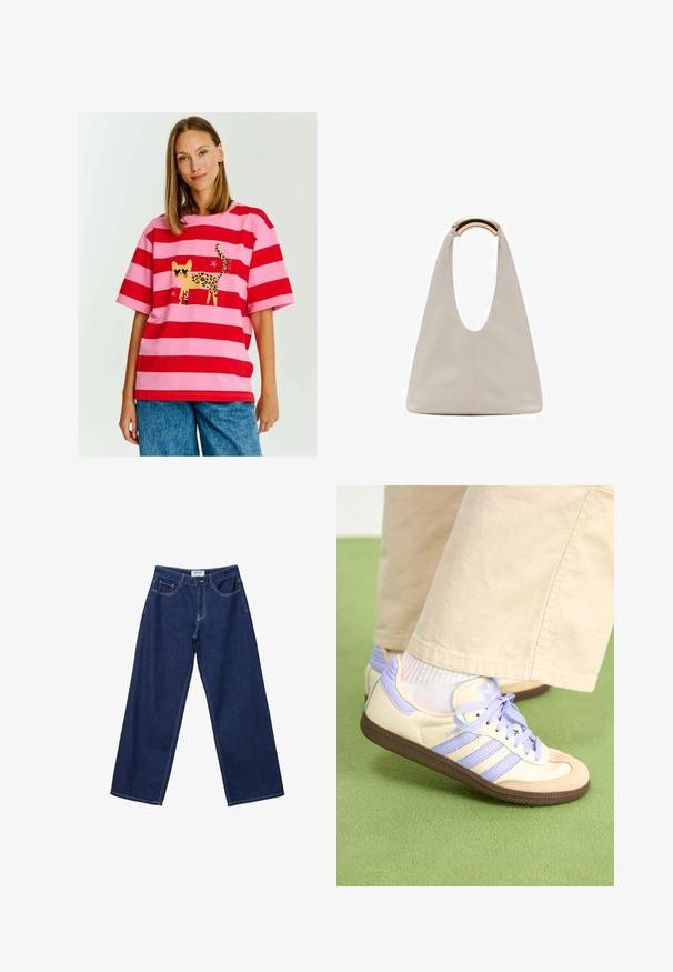 Červené a růžové pruhované tričko s potiskem žluté kočky s leopardím vzorem, která má sluneční brýle ve tvaru srdce a hvězdné akcenty. Krátké rukávy.; Široké tmavě modré džíny z denimu s knoflíkovým zapínáním, pěti kapsami a kontrastním bílým šitím. Tkanina má hladký, mírně texturovaný povrch.; Krémové a levandulové tenisky se třemi pruhy a texturovanou hnědou podrážkou, vybavené tkaničkami a polstrovanou patou. Měkký textilní svršek.; Světlá šedá kožená taška s U-tvarovaným designem a zakřivenou kovovou rukojetí. Hladký povrch s minimálním šitím a bez viditelných vzorů.