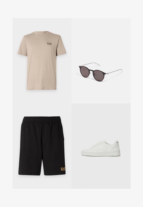 Vaaleanbeige lyhythihainen t-paita pehmeästä puuvillasta. Oikealla rintapielellä on pieni musta logo. Pyöreä pääntie, normaali mitoitus ja sileä pinta.; Mustat urheilushortsit, jotka on valmistettu pehmeästä kankaasta. Kengissä on joustava vyötärönauha ja pieni keltainen EA7-logo vasemmassa alakulmassa.; Valkoinen nahkakenkä, jossa on sileä pinta, pyöreä kärki, tasaiset nauhat ja teksturoitu pohja. Sisältää huomaamattoman logon kantapäässä.; Musta pyöreä aurinkolasit tummilla linsseillä ja kapeilla metallikehyksillä. Sisältää kirkkaat temppelet ja hopeiset yksityiskohdat saranassa. Minimalistinen muotoilu.