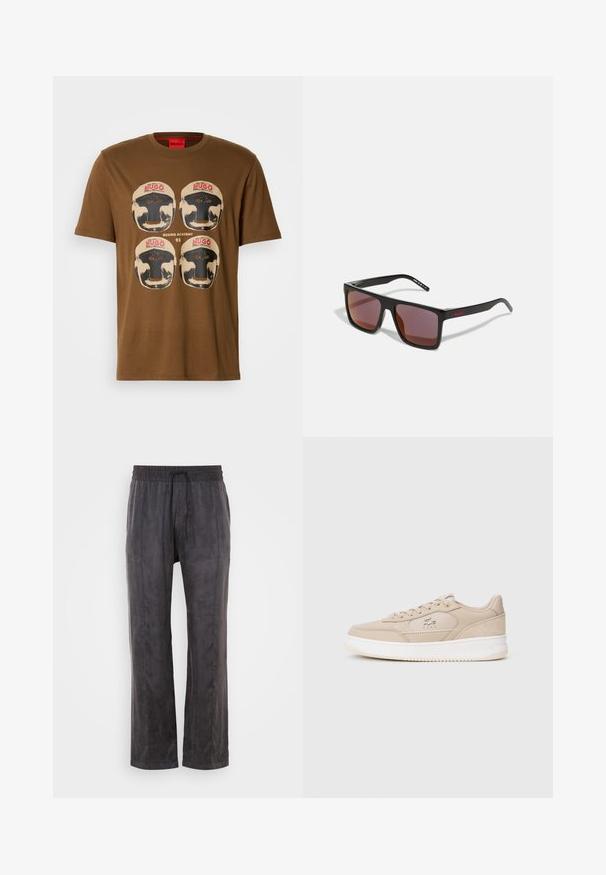 Tricou maro cu patru căști de box în stil vintage, având "HUGO" scris cu roșu și textul "BOXING ACADEMY 93" în centru.; Pantaloni negri dintr-un material moale, cu o textură netedă, având talie elastică cu șnur, picioare largi și cusături laterale.; Tenisi din piele bej cu textură netedă, talpă din cauciuc alb, șireturi în față și logo-ul Lacoste pe lateral. Design minimalist și siluetă joasă.; Ochelari de soare dreptunghiulari negri cu lentile roșii închise, având un finisaj mat și un logo roșu pe braț. Ramă din plastic rezistent.